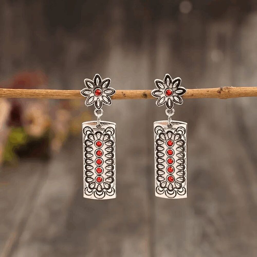 Boho Flower Moon Geometric Ruby Dangle Earrings